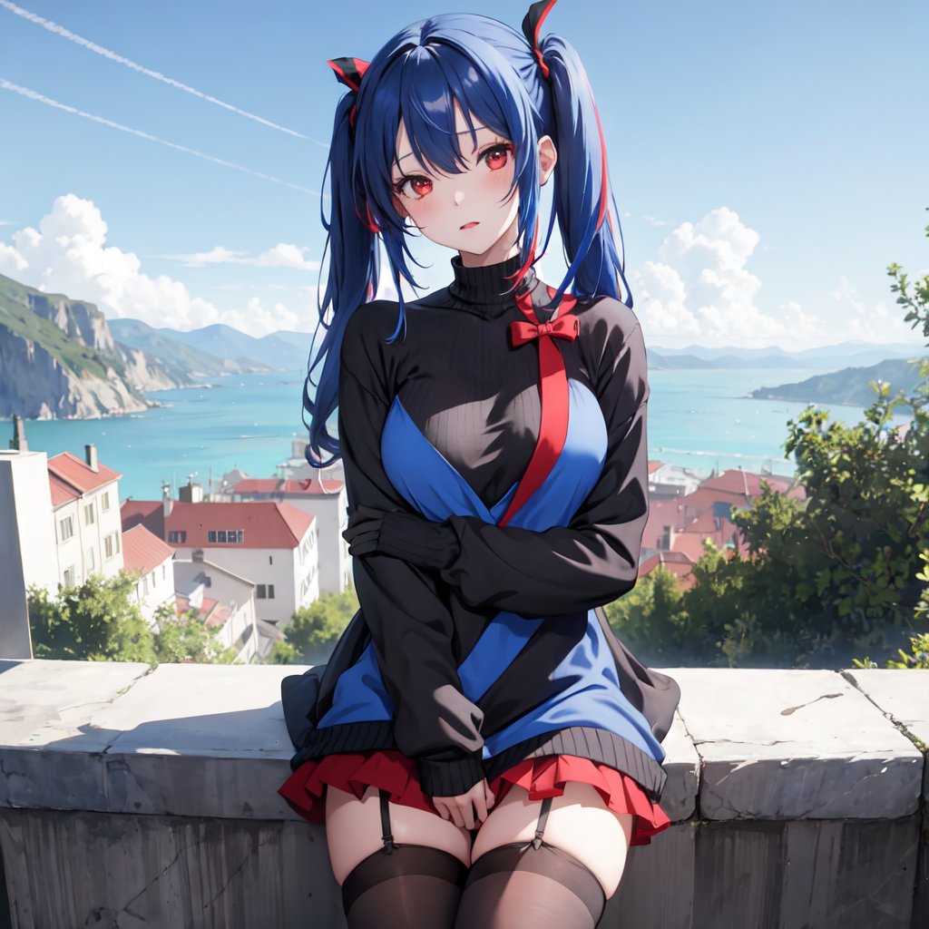 1girl, red eyes, blue hair, twintails, blue sweater dress, (black stockings), black thighhighs, scenery, outside,