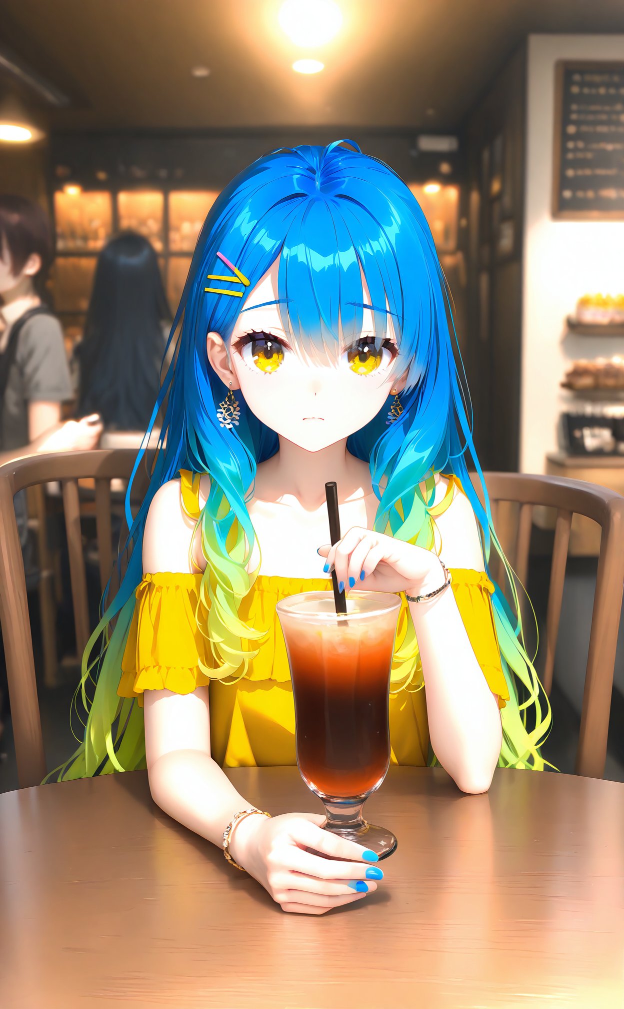 (masterpiece),(best quality),illustration,ultra detailed,hdr,Depth of field,(colorful),(chromatic aberration),Yuzu-Soft Style,hair ornament,cafe,shirt,sitting,long hair,blue nails,drinking straw,closed mouth,yellow eyes,off-shoulder shirt,solo focus,multiple girls,jewelry,holding,indoors,eyelashes,blue hair,collarbone,nail polish,cup,earrings,hairclip,casual,off shoulder,blurry,hair between eyes,straight-on,table,braid,blurry background,looking at viewer,bare shoulders,holding cup,eyes visible through hair,gradient hair,black shirt,frilled shirt,restaurant,frills,multicolored hair,3girls,yellow shirt,fingernails,bracelet,chair,very long hair,drinking glass,frown,1boy,short sleeves,drink,food,sidelocks,wavy hair,plant,