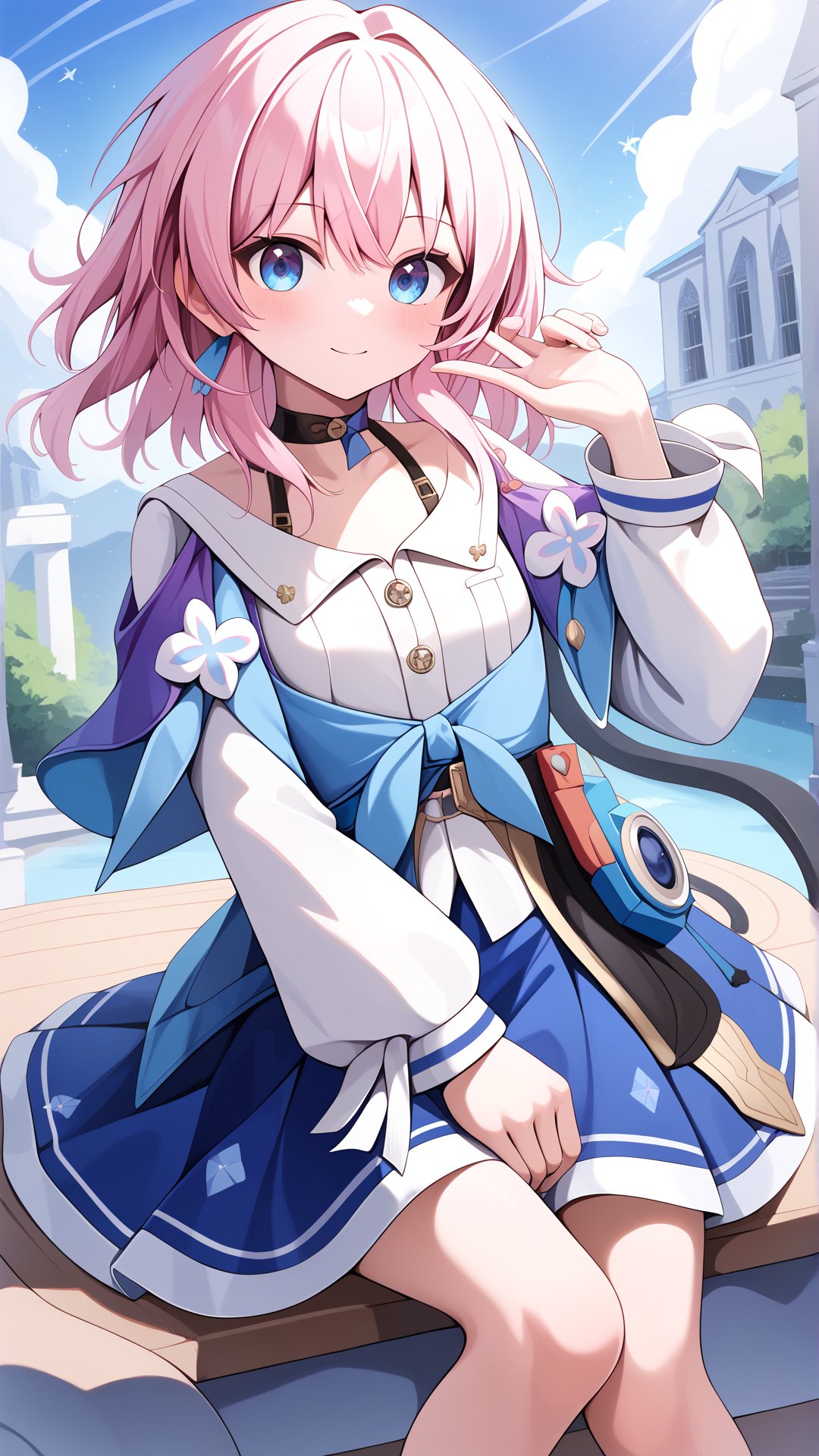 Score_9, best quality, White blouse, March7, blue skirt, Pink hair, Cute, Medium chest, masterpiece, Medium hair, <lora:march7:0.8>, Gradient eyes, Blue eyes