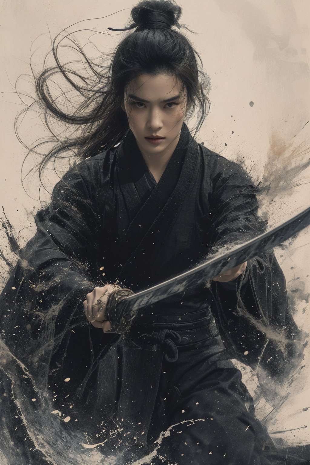 sdmai, wuxia, Chinese ink painting, artistic ink painting, Chinese martial arts films, wearing black robes, fighting posture, cinematic grandeur, splashing details, wild and powerful, weapon, sword, solo, black hair, holding weapon, holding sword, looking at viewer, holding, 1boy, male focus, hair bun, katana, japanese clothes, single hair bun, topknot, fighting stance, long hair <lora:SDMAI武侠wuxia:0.8>