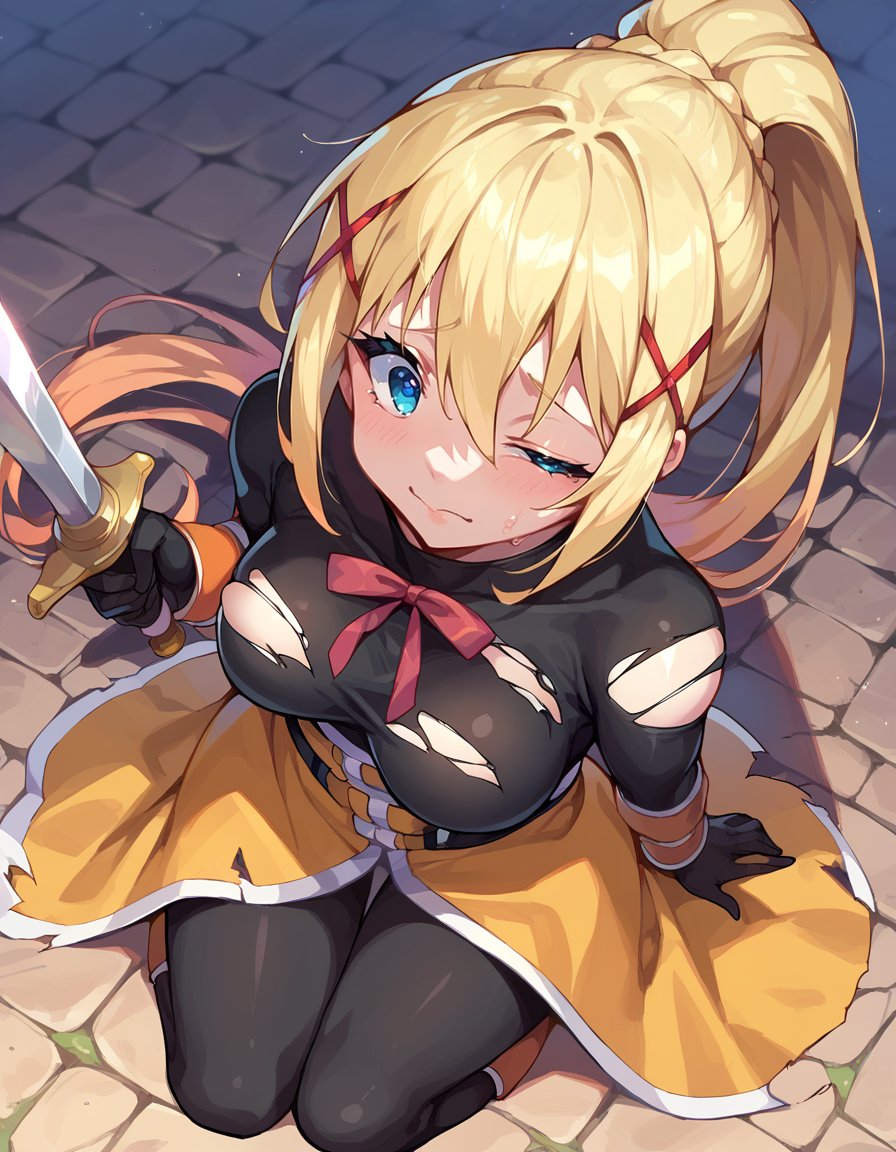 score_9, score_8_up, score_7_up, score_6_up, source anime, BREAK<lora:konosuba_darkness:0.8> lalatinapnxl, darkness \(konosuba\), 1girl, ponytail, solo, from above,torn clothes, blush, one eye closed, kneeling, holding sword, black bodysuit, hair between eyes, closed mouth