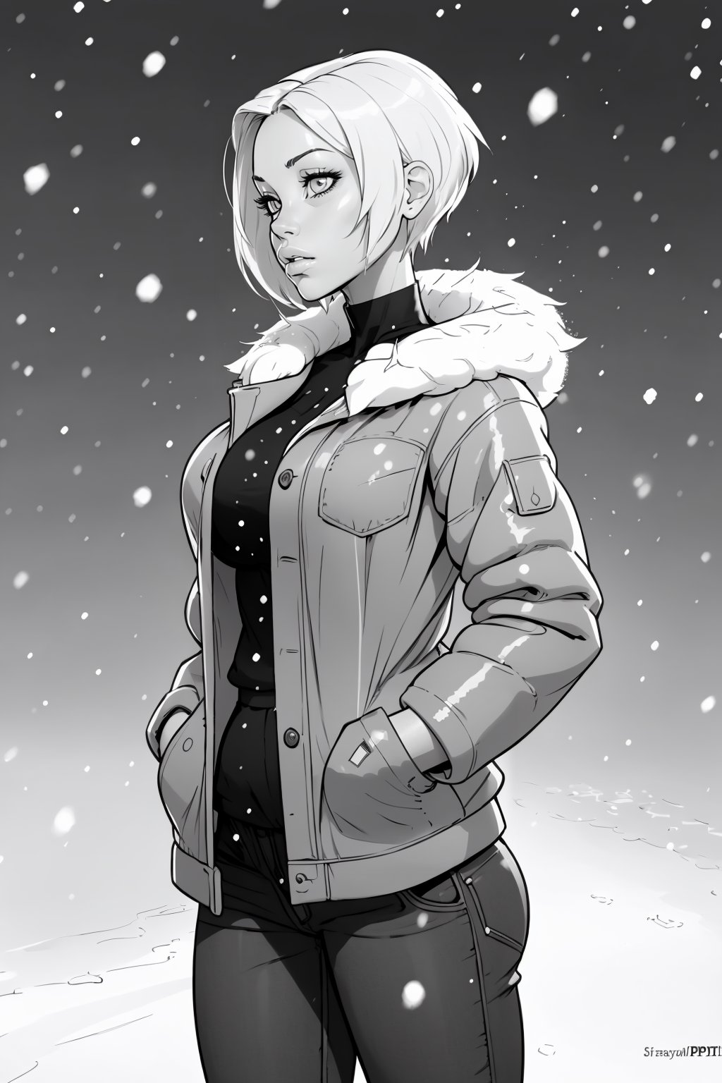 (masterpiece, best quality:1.2), <lora:thepit:1>, thepit, 1girl, monochrome, greyscale, solo, breasts, short hair, expressionless, large breasts, snowing, hands in pockets, fur coat, snow, upper body,