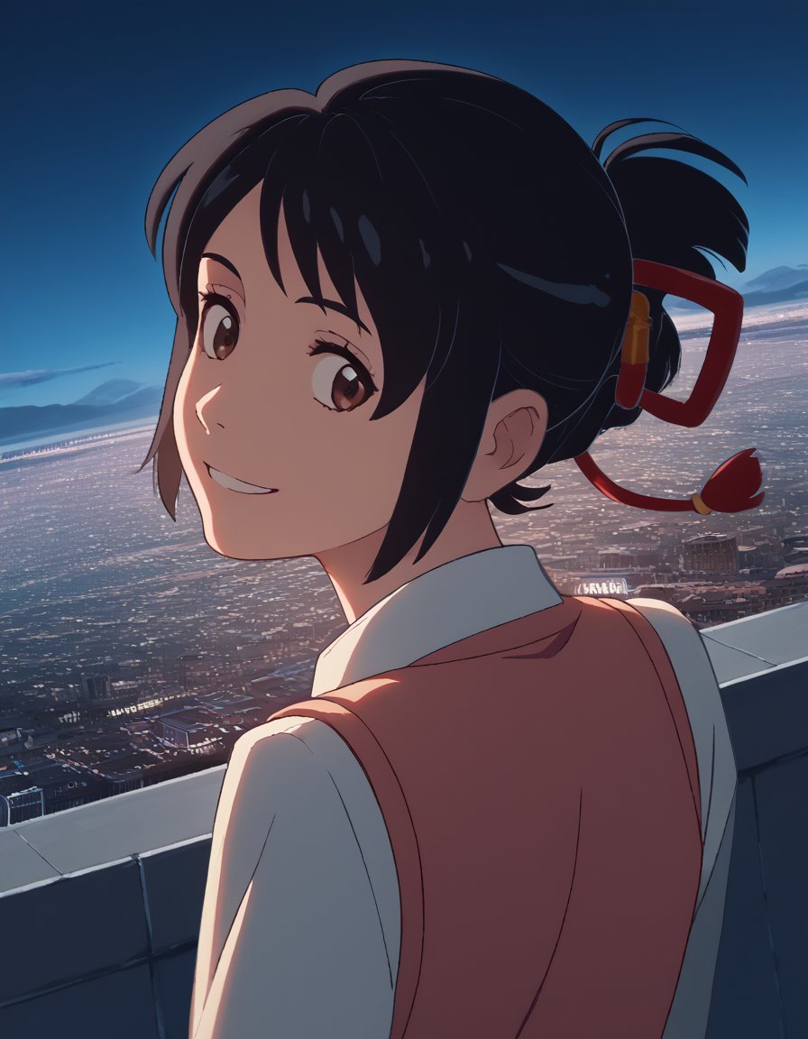 score_9, score_8_up, score_7_up, source_anime, mitsuhamiyamizu, <lora:mitsuha-miyamizu-ponyxl-lora-nochekaiser:1>, mitsuha miyamizu, black hair, brown eyes, short hair, ribbon, hair bun, hair ribbon, red ribbon,, <lora:shaft-look-ponyxl-lora-nochekaiser:1>, shaft look, looking back, from behind, head tilt,, cityscape, street, smile,, cowboy shot, dutch angle, solo,