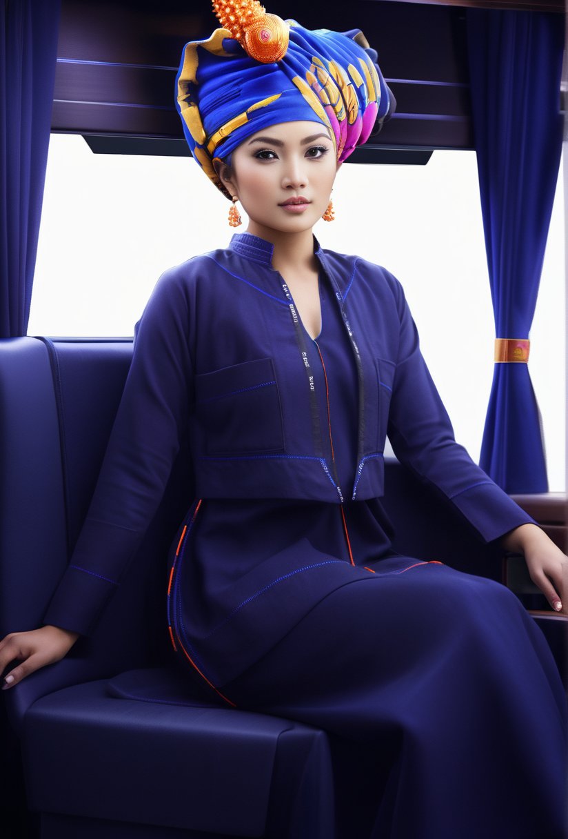 Young asian girl on a luxurious aircraft, paoh dress, navy blue paoh traditional dress, turban, beautiful face, sitting posture on a chair, transparent blouse, tights, seated figure that catches the eye, digital artwork, luxurious and glamorous style, ambient cabin lighting, expressive artist, Luxurious and elegant tones, detailed and stylized high resolution emphasize charm. <lora:paoh_dress-000008:1>