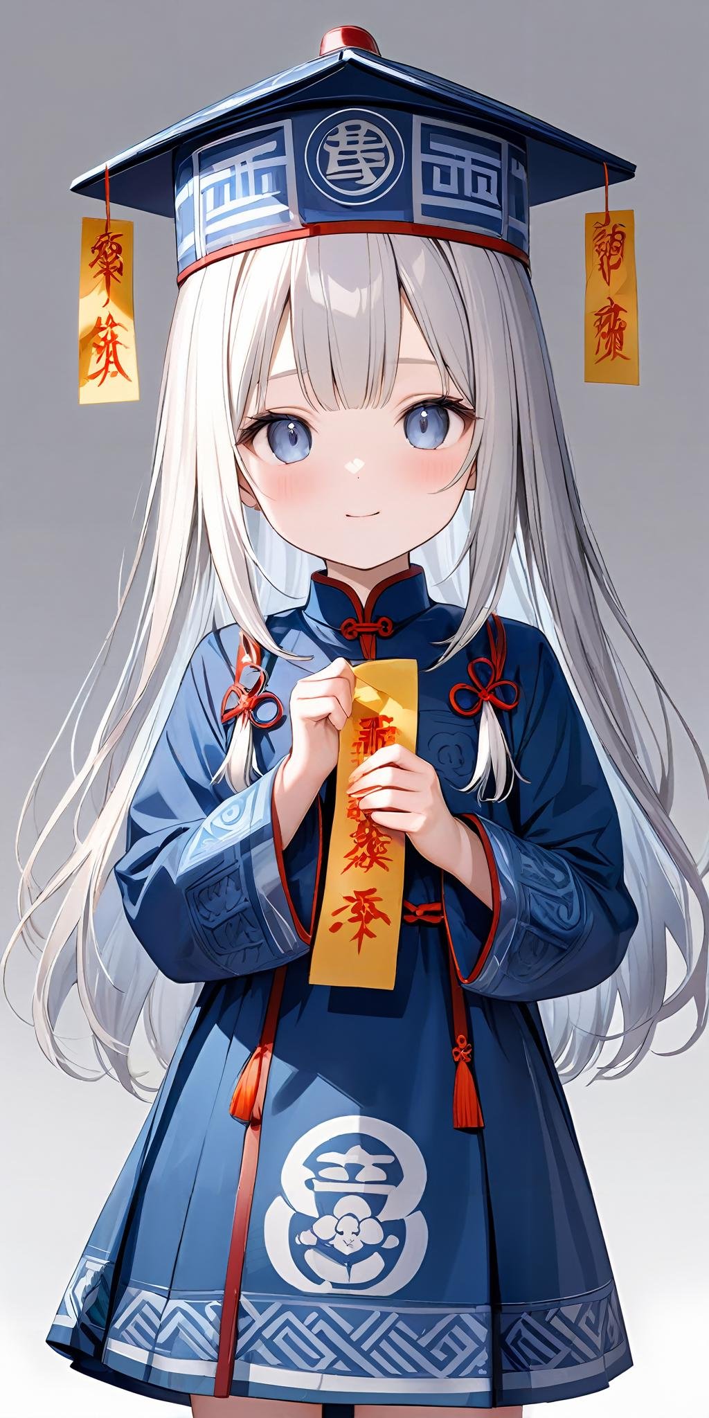 masterpiece,ultra-detailed,best quality,8K,illustration,cute face,clean skin ,shiny hair,girl,cowboy shot,simple background, <lora:add-detail-xl:1> <lora:jiangshi dress_XL_V1.0:0.9> jyojifuku, ofuda, blue dress, ribbon,hat