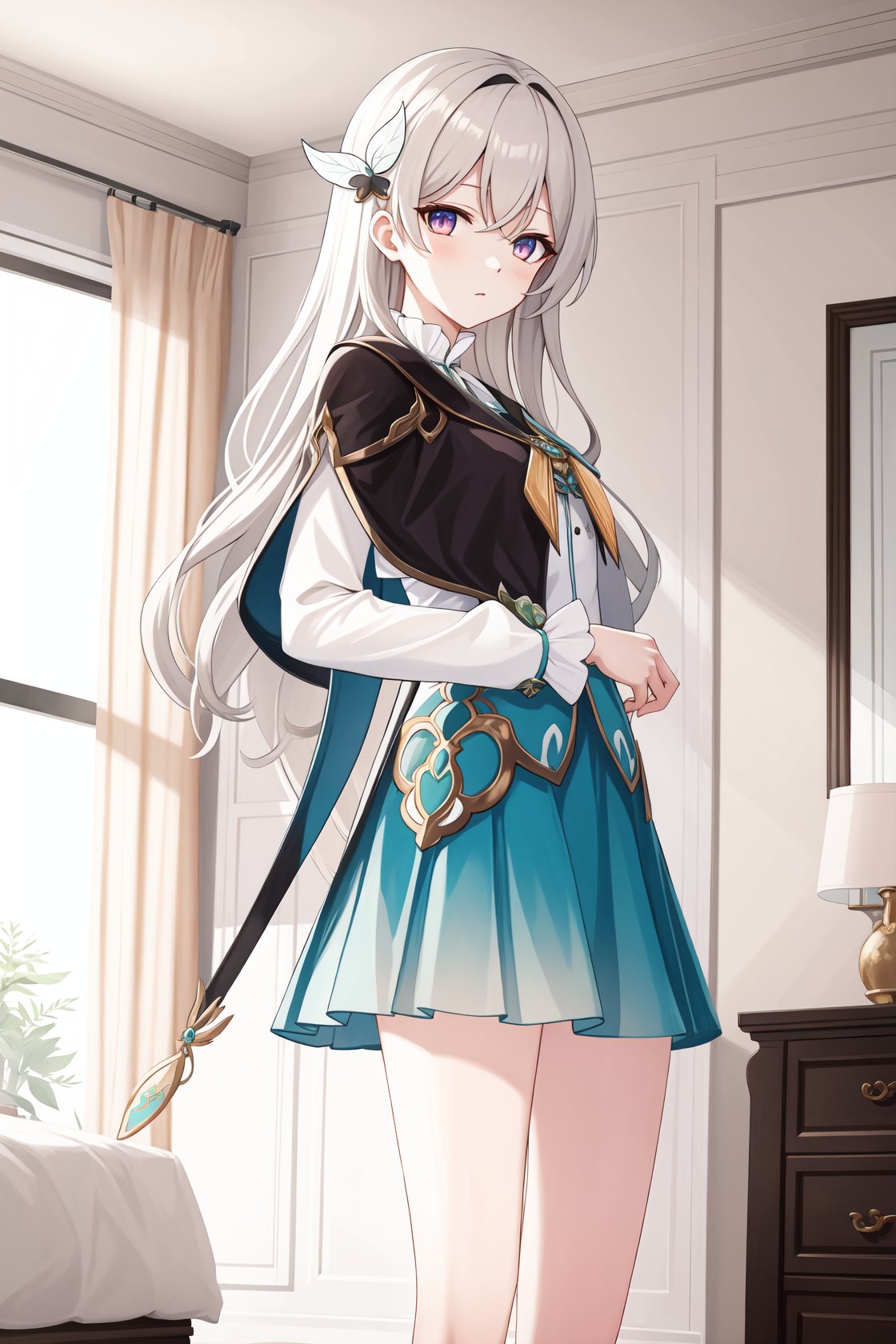 <lora:流萤10-000010:0.65>,liuying,bangs,long sleeves,hair ornament,black capelet,high quality,green dress,bare legs,indoors,bedroom,indoors,detailed face,, 1girl,,  (masterpiece,best quality:1.2),absurdres