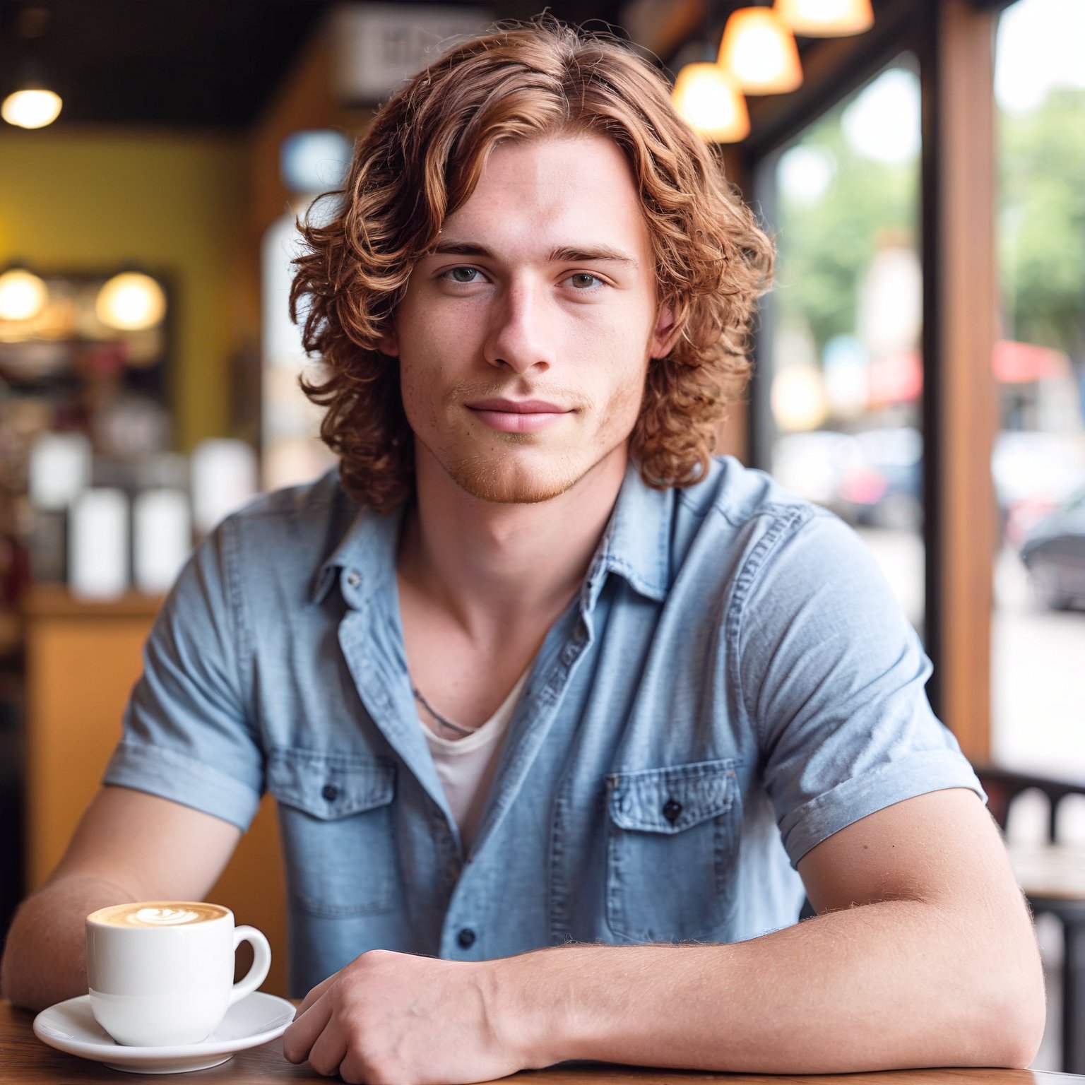 A 26-year-old man with shoulder-length, wavy auburn hair, dressed in a casual button-up shirt and jeans. He is posing in front of a softly blurred background of a coffee shop, with a relaxed and content expression. The f/1.8 aperture ensures the focus remains on his expressive features.