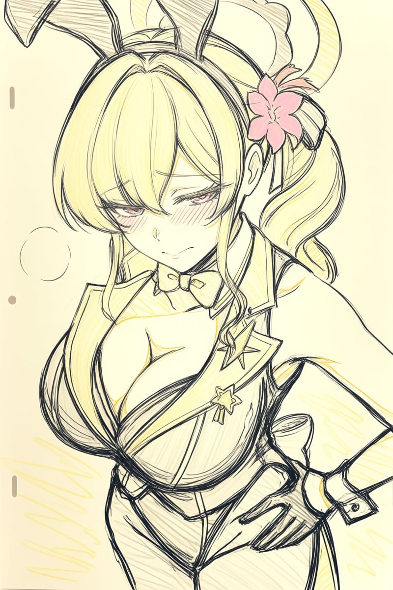 @ppst,  The lines of the drawing are loose and sketchy. A drawing depicts a young woman with long blonde hair tied into a...