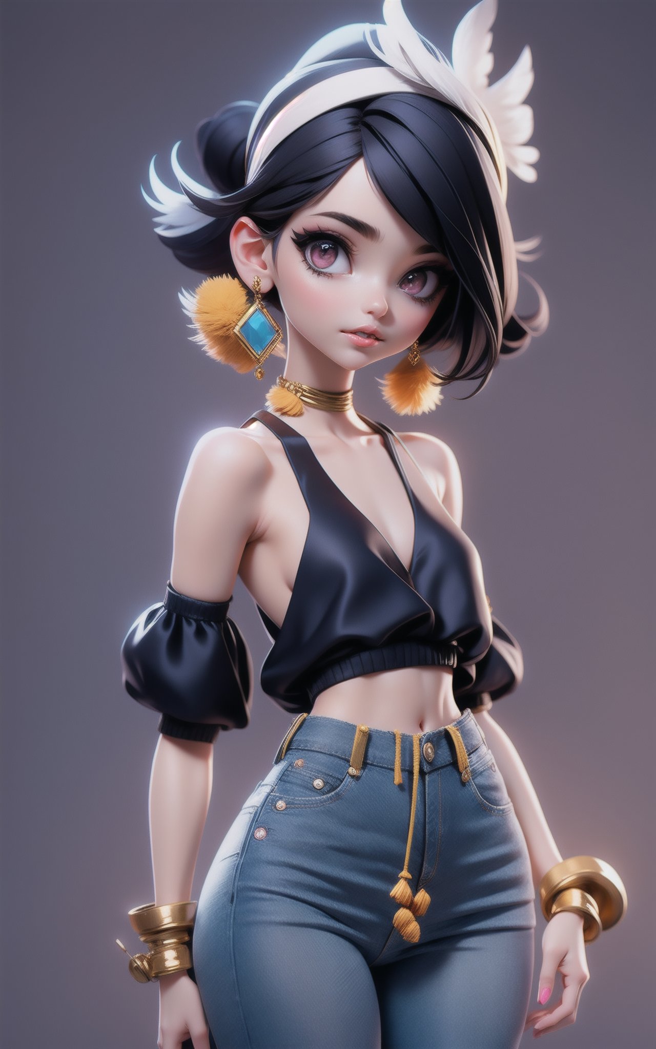 1girl,Medium Length Feathered Cut Hairstyle,A modern, minimalist jewelry design studio, featuring sleek tools and beautiful gemstones,Bandana top and high-waisted jeans,Playful facial expression,dynamic attitude,