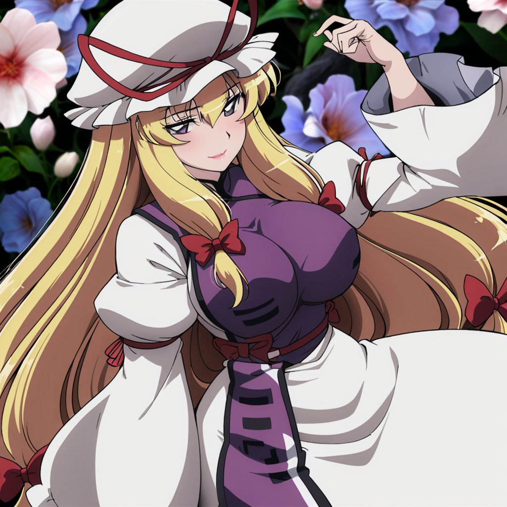 masterpiece, best quality, <lora:tgm-xl-a3.1:1>, pixiv, 1girl, yakumo yukari, blonde hair, hat, floral background, solo, long hair, purple eyes, flower, tabard, ribbon, breasts, mob cap, arm ribbon, hat ribbon, large breasts, long sleeves, dress, looking at viewer, bow, hair bow, smile, white dress, puffy sleeves, hair between eyes, wide sleeves, bangs, parody, very long hair, sidelocks, frills, lips, red bow, hair ribbon, upper body, red ribbon, juliet sleeves, white headwear, pink flower