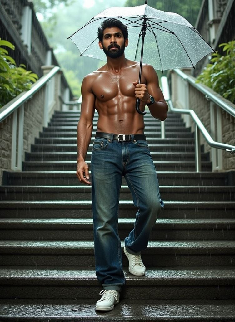 rana daggubati ,  stands on a large stone staircase,  the rainwater cascading on the steps. He holds a transparent umbrell...