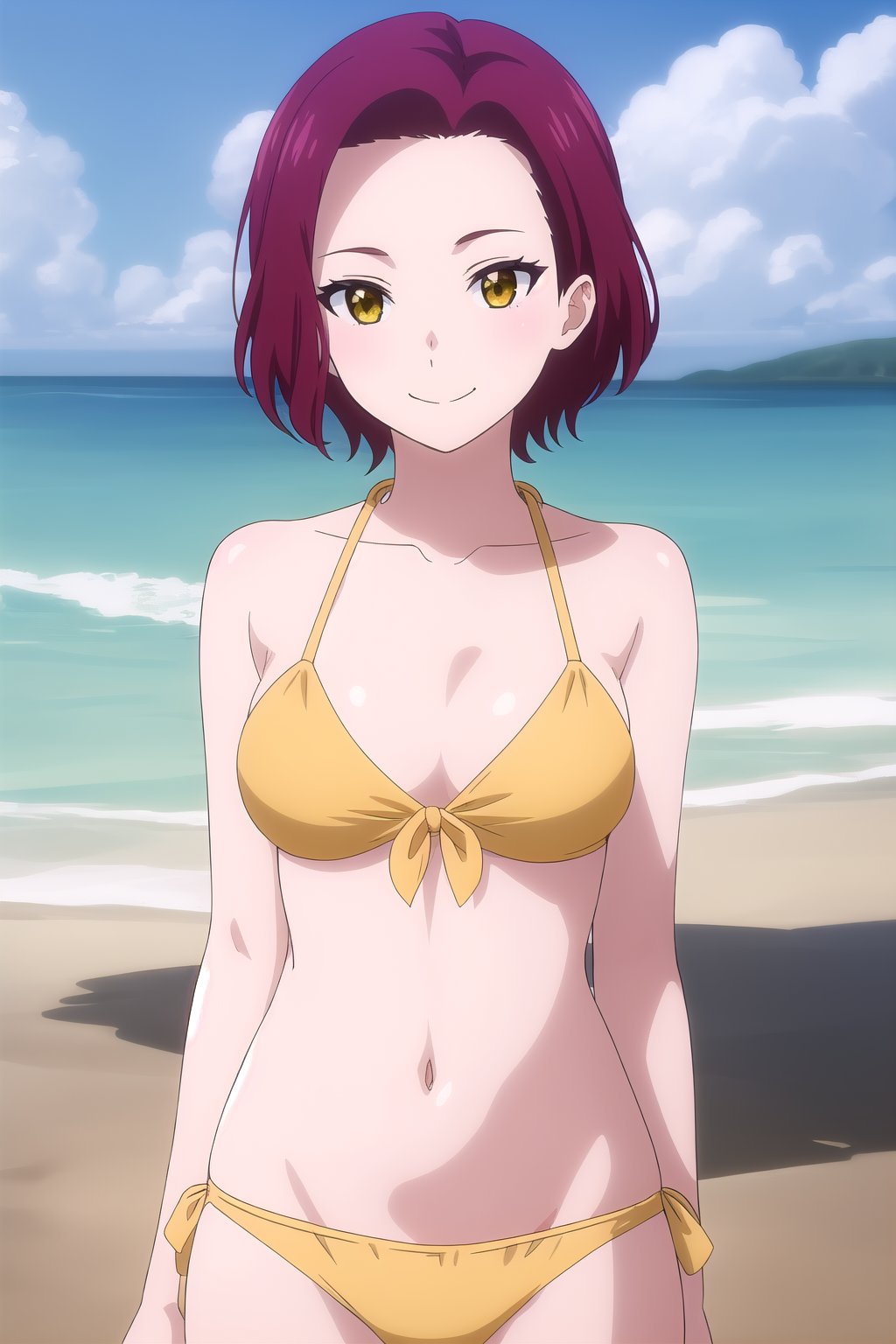 (masterpiece, best quality), highly detailed background, perfect lightingbest quality, matsunagayouko, solo, outdoors, beach, red hair, parted bangs, forehead, short hair, yellow eyes, medium breasts, yellow bikini, smile, closed mouth, :), <lora:Matsunaga-Youko:0.7>