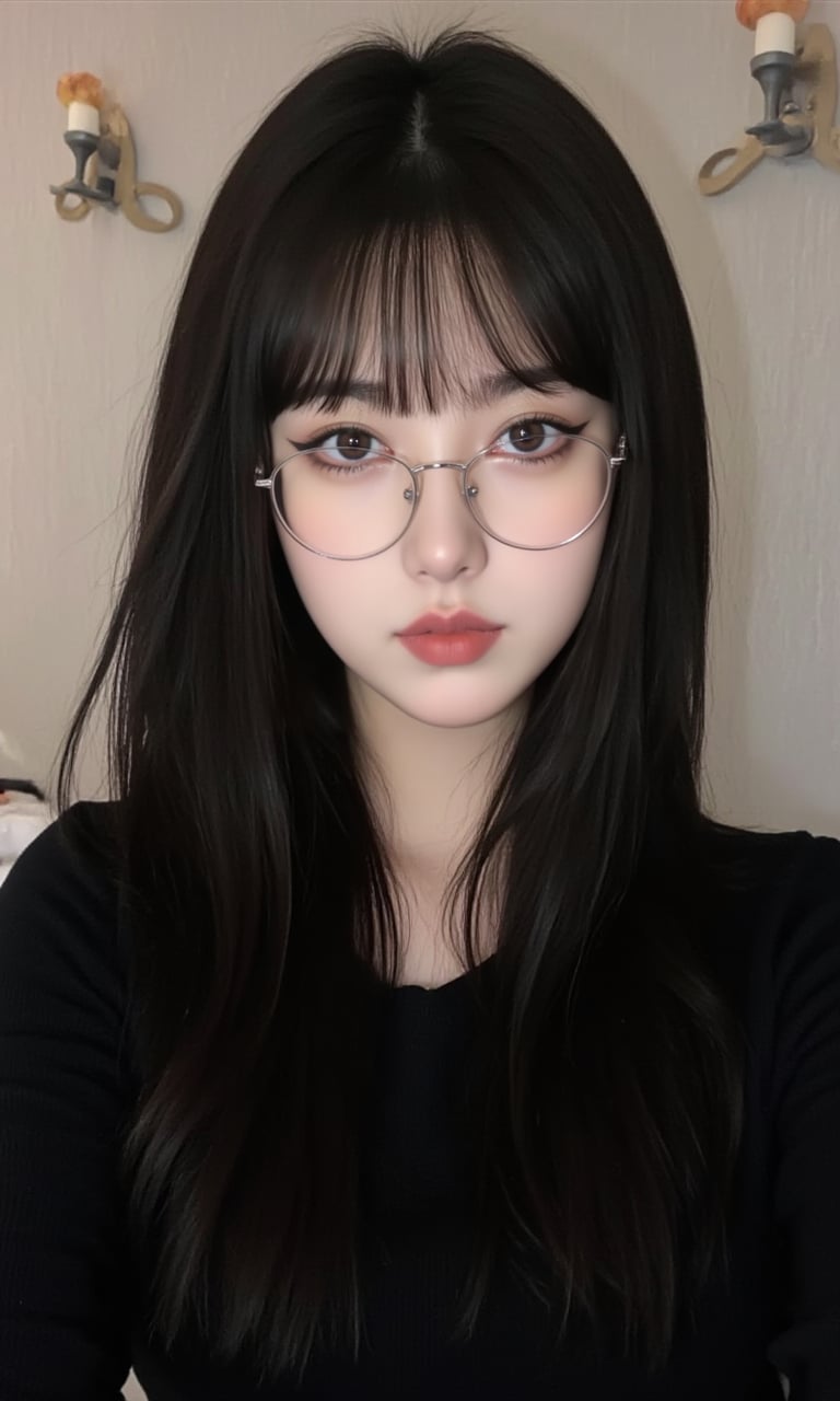 This is a real high-definition photo,Young woman, oval face, almond-shaped eyes, neutral expression, long dark hair, light makeup, wearing a black top and glasses, contemporary style, indoor background with wall decorations, full-body shot, soft natural lighting, clear skin texture. <lora:网图-MYH-2:0.9>