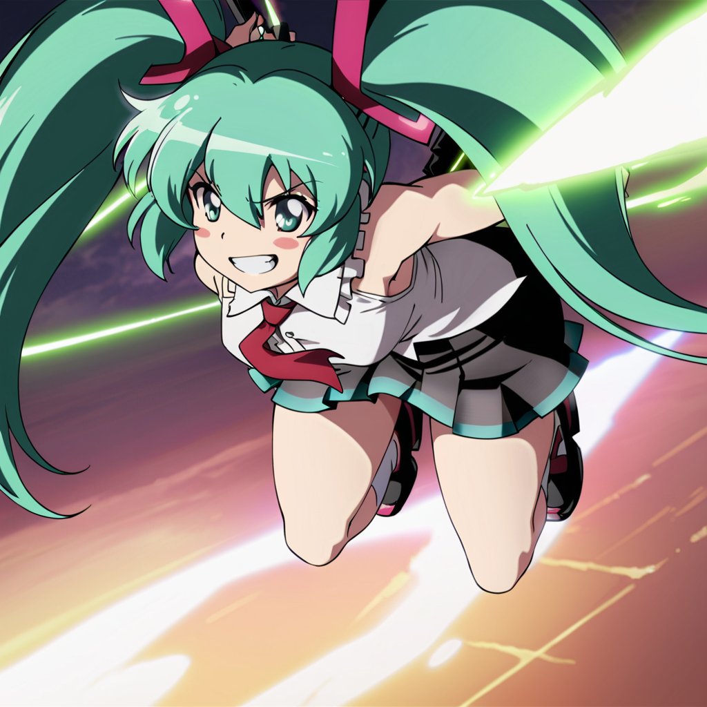 masterpiece, best quality,  <lora:tgm-xl-a3.1:1>,pixiv,1girl,solo,grin,hatsune miku,green hair,long hair,twintails,headgear, bare shoulders, , flying,danmaku, glowing, 