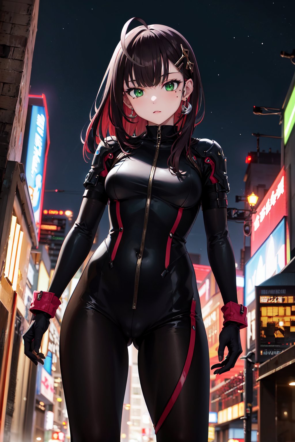 masterpiece, best quality, highres, aayui, medium hair, multicolored hair, hair ornament, ahoge, green eyes, mole under eye, earrings, <lora:hizuki_yui_v1:0.7>, bodysuit, city, cyberpunk, night, street,  standing, gloves