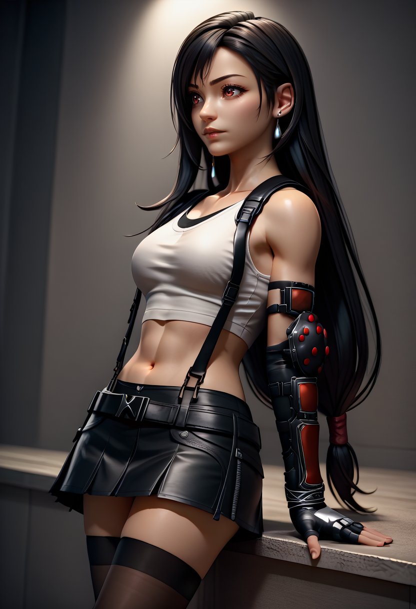 score_9, score_6_up, source_anime, 3d, 1girl, solo, tifa_remake, low-tied long hair, white tank top, suspenders, black skirt, black thighhighs, elbow gloves, fingerless gloves, elbow pads, belt, black thighhighs, earrings <lora:tifaXL:1>