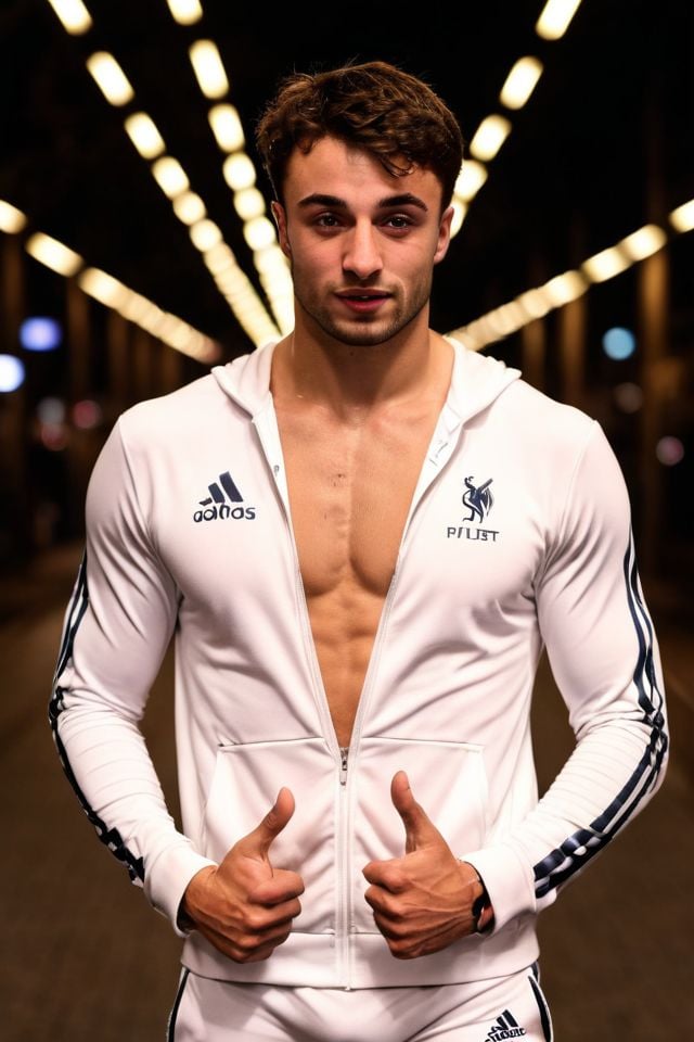 jules bouyer a man ,  realistic photo in a worn ((skin-revealing skimpy erotic white tracksuit,  massive hairy pecs)) by H...