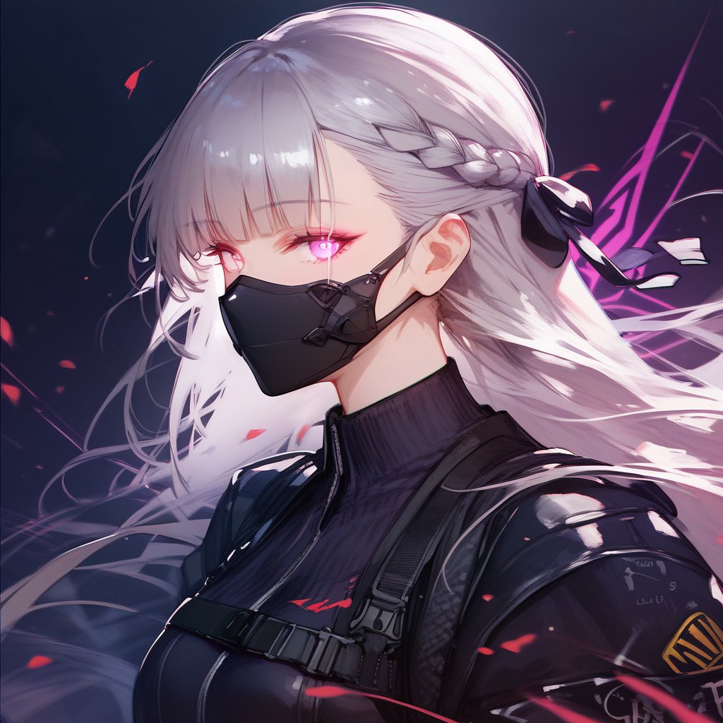 score_9, score_8_up, score_7_up, score_6_up, score_5_up, score_4_up, <lora:style1:1>, style1, 1girl, ak-12 (girls' frontline), mask, solo, french braid, grey hair, braid, long hair, glowing, from side, pink eyes, bangs, glowing eyes, looking at viewer, purple eyes, mouth mask, portrait, sidelocks <lora:more_details:1>