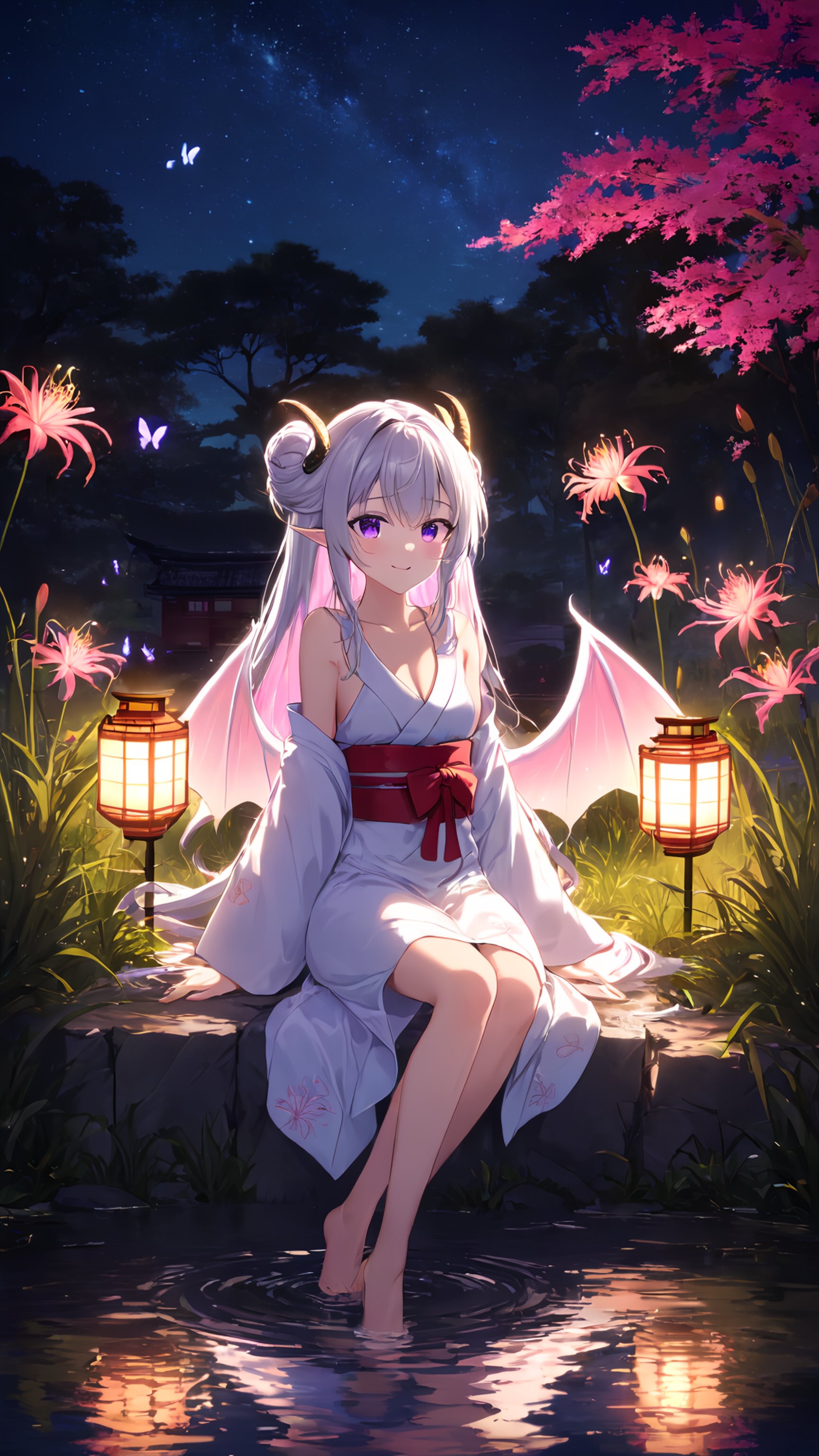 (masterpiece),(highest quality),highres,(an extremely delicate and beautiful),(extremely detailed),1girl, solo, horns, dragon horns, dragon wings, dragon tail, dragon girl, spider lily, pointy ears, japanese clothes, flower, barefoot, long hair, tree, water, white kimono, sitting, outdoors, wet, night, wet clothes, soaking feet, lantern, bangs, pink flower, purple flower, silver hair, see-through, bare shoulders, looking at viewer, sky, house, blue flower, purple eyes, blush, one side up, bare legs, butterfly, building, wet kimono, night sky, bug, long sleeves, sundress, white flower, blurry, blurry foreground, depth of field, off shoulder, hair between eyes, collarbone, scenery, red flower, reflection, closed mouth, sleeveless, grass, off-shoulder kimono, ripples, lake, star \(sky\), small breasts, paper lantern, half updo, pink hair, long hair, strap slip, plant, artist name, pink butterfly, smile, closed mouth, starry sky, looking awayBREAKA dragon girl with silver hair and purple eyes sits by a serene lake at night, adorned in a white, off-shoulder kimono that's soaked from her soaking feet to the tips of her long sleeves. Her dragon wings, tail, and horns are subtly highlighted by the soft glow of a paper lantern nearby. Her eyes meet yours for a moment before she looks away, a gentle smile on her closed mouth. The scenery around her is a mix of traditional Japanese aesthetics and mystical elements: spider lilies, various other flowers in shades of pink, purple, and white, and even a few fluttering butterflies adorn the space around her. A starry night sky is reflected in the lake's ripples, adding depth to the field. In the blurry foreground, blades of grass and plants dance in the gentle wind. The entire scene is ethereal, caught between the realms of reality and fantasy.