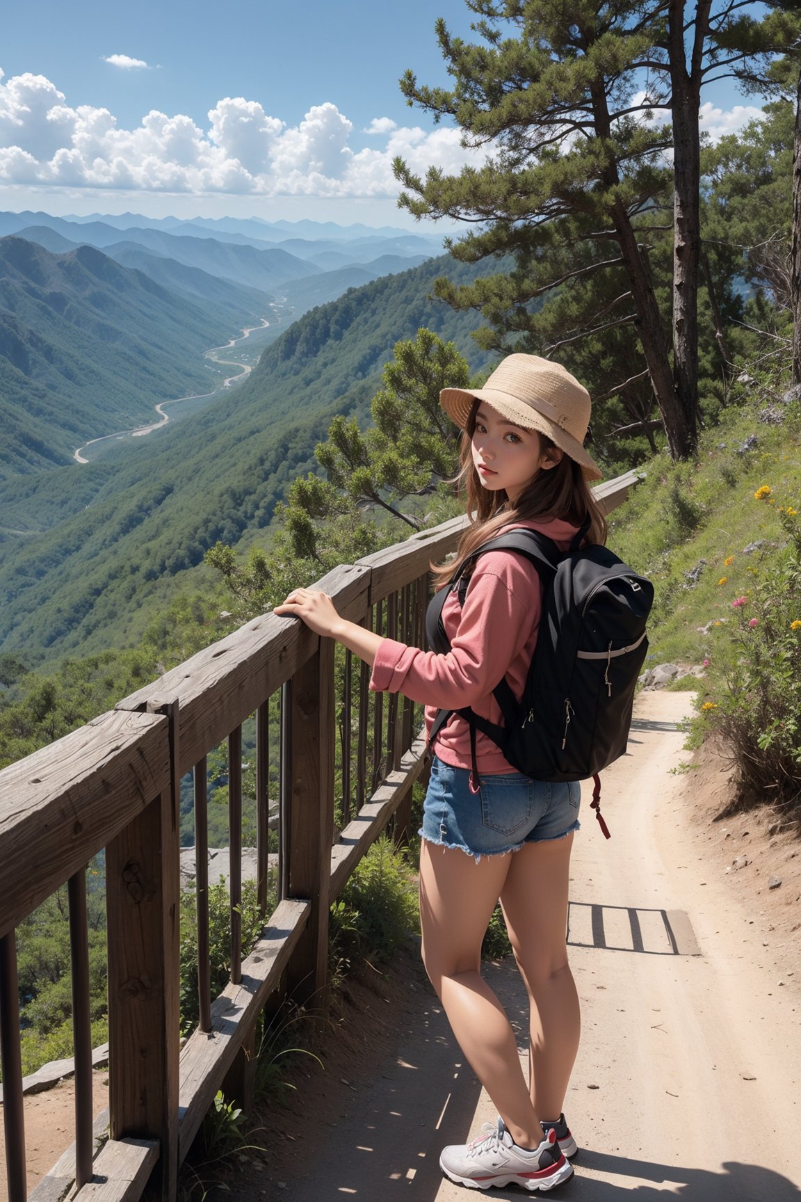 1girl, As the intrepid traveler navigated the winding mountain trails, she marveled at the breathtaking views of the valleys below.