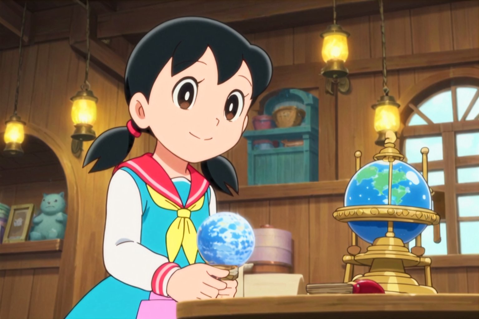 score_9, score_8_up, score_7_up, score_6_up, score_5_up, score_4_up, source_anime,minamoto shizuka, smile, 1girl, solo, low twintails, Teenage girl navigator studying ancient maps in a grand ship's cabin, surrounded by nautical instruments, glowing globe, and exotic artifacts, warm candlelight, tall windows showing a starry night sky and phosphorescent sea, sense of adventure and discovery, child,masterpiece, perfect face, best quality, beautiful eyes, shiny eyes, anime coloring, anime screencap, absurdres, award winning,masterpiece, perfect face, best quality, beautiful girl, cute girl, beautiful eyes, shiny eyes, anime coloring, anime screencap, absurdres, award winning,  <lora:minamoto shizuka mala 912:0.8>