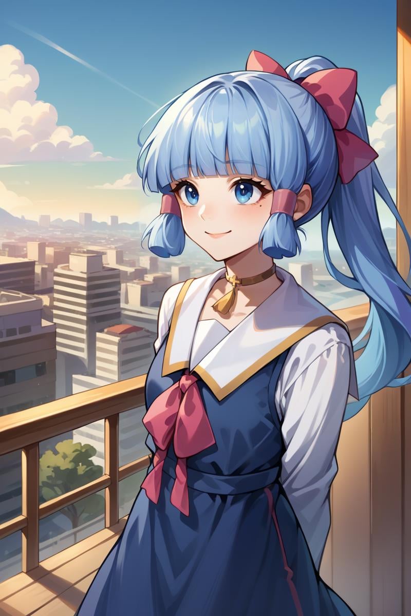 score_9, score_8_up, score_7_up, score_6_up, source_anime, BREAK 1girl, solo, <lora:ayaka-pdxl-nvwls-v1-000005:1> gigoAya, blue hair, blue eyes, blunt bangs, mole under eye, ponytail, white shirt, hair bow, pink bow, hair tubes, white sailor collar, choker, long sleeves, white sleeves, dark blue dress, arms behind back, city, looking up, blue sky, clouds, smile