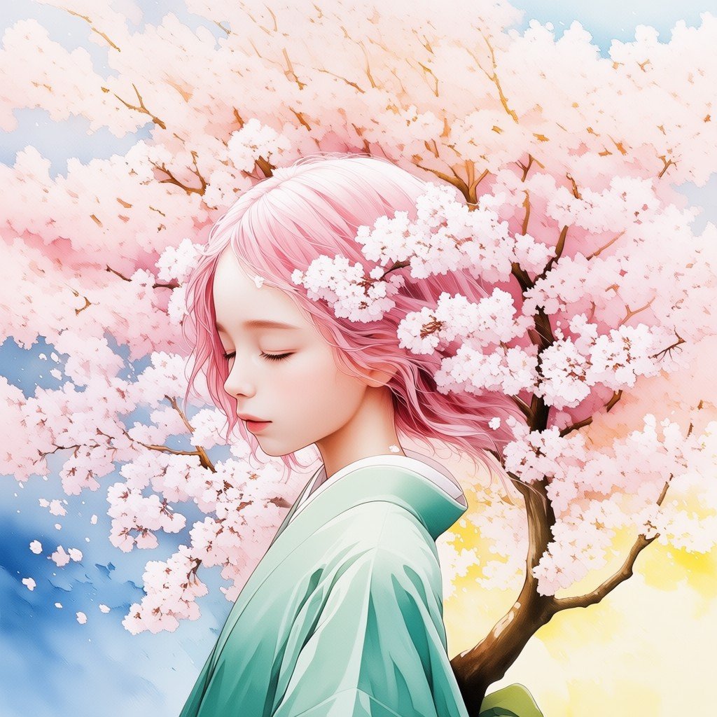 watercolor anime style,  digital art,  young girl with pink hair standing in front of blooming cherry blossom tree by inkn...