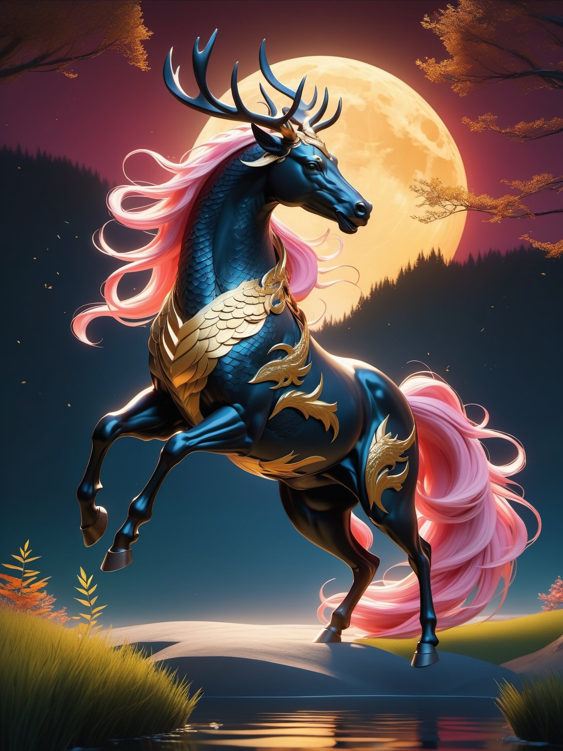 loong\(Chinese mythological style,(dragon head,deer antlers,horse body):1.5,covered in golden scales on its back,red back,pink belly,black long hair on its neck,(look at viewer,floating hair,outdoor,full body):1.53\),true,Background\((dark night,full moon):1.5,grassland,sky,forest,lake\),masterpiece,best quality,unreal engine 5 rendering,movie light,movie lens,movie special effects,detailed details,HDR,UHD,8K,CG wallpaper