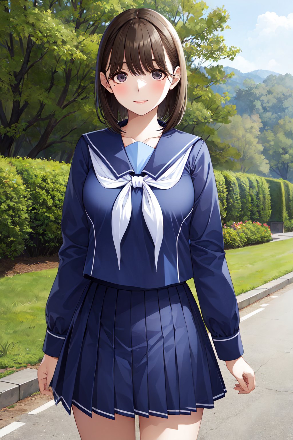 masterpiece, best quality, highres, aanene, short hair, blue serafuku, blue shirt, long sleeves, blue sailor collar, white neckerchief, pleated skirt, blue skirt, <lora:anegasaki_nene_v1:0.7>, standing, cowboy shot, outdoors, smile