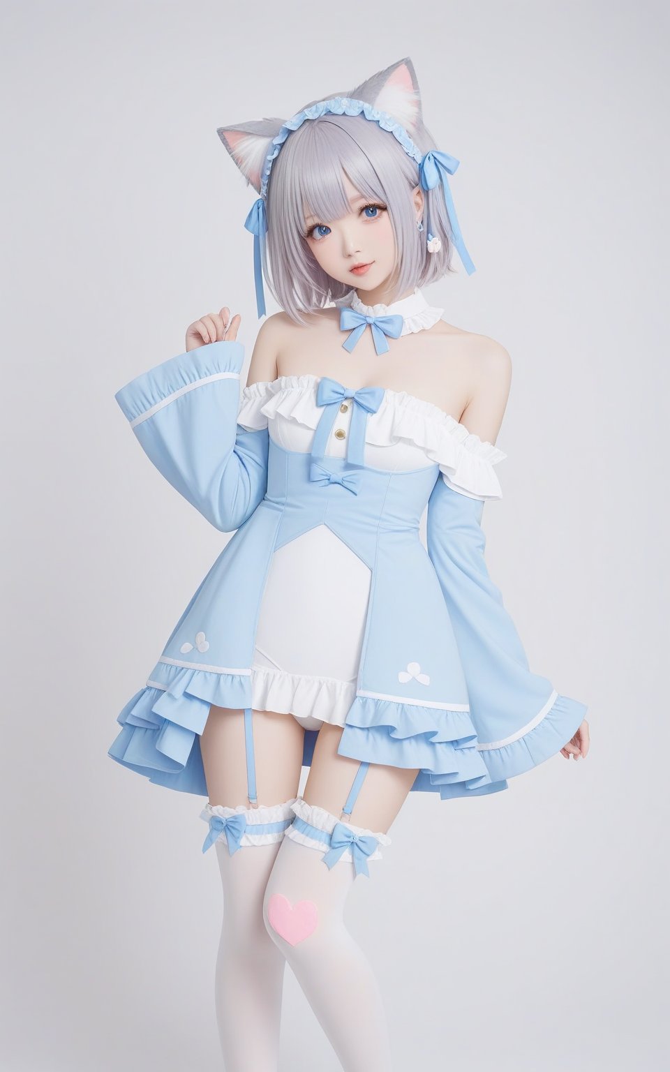 1girl,solo, arm up, simple background, breasts, looking at viewer, blush, short hair, bangs, blue eyes, hair ornament, long sleeves, bow, ribbon, animal ears, hair between eyes, bare shoulders, jewelry, standing, collarbone, jacket, tail, white hair, grey hair, hairband, small breasts, boots, frills, socks, virtual youtuber, cat ears, off shoulder, nail polish, :o, collar, cat tail, sleeves past wrists, thigh strap, fake animal ears, halo, blue bow, bandaid, blue nails, blue footwear, knees together feet apart, tail ornament, bridal garter, lolita hairband, frilled hairband, loose socks, bandaid on leg, tail ribbon, tail bow, bandaid on knee, blush stickers, colored tips, two side up, wide sleeves, multicolored hair, eyes visible through hair, thighhighs, full body, open mouth, frilled leotard, single thighhigh, leotard, earrings, paw hair ornament