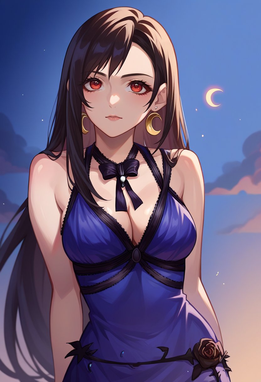 score_9, score_6_up, source_anime, 1girl, solo, tifa_refined, long hair, blue dress, short dress, bare shoulders, cleavage, crescent earrings <lora:tifaXL:1>