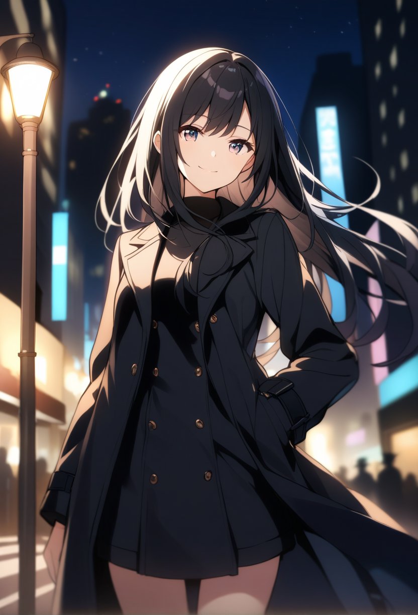 1girl, solo, teen, cowboy shot, (depth of field:1.2), (night), (long coat), downtown, (street light:1.1), (Fantastic lighting), looking at viewer, black hair, long hair, [smile], (Closed mouth), highly detailed, best quality, absurdres,