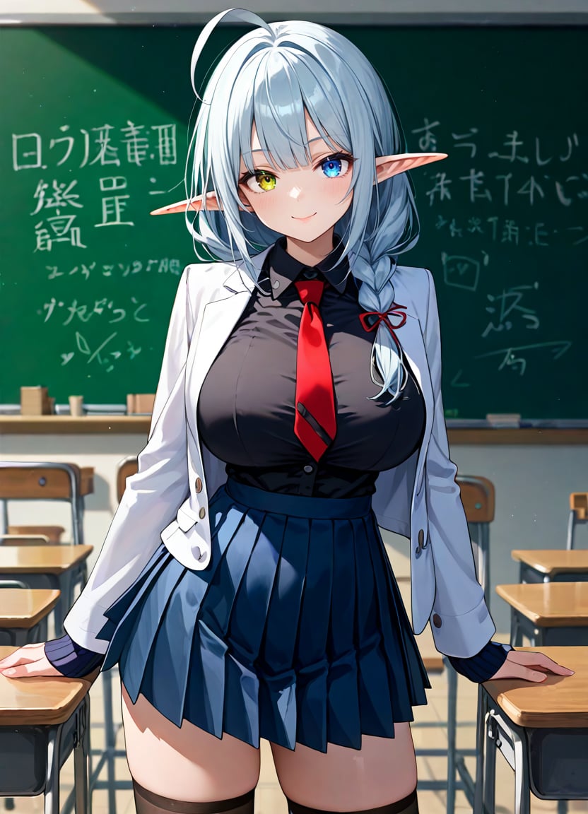 score_9, score_8_up, score_7_up ,source_anime, masterpiece, best quality, perfect anatomy , very aesthetic , official art, BRAKE1girl , solo , kawaii , bishoujo , elf , pointy ears, long ears ,( heterochromia , odd eyes , blue left eye , green right eye), blue silver hair , (single braided:1.2), air-intake bangs,  big ahoge, huge breasts , narrow waist , slender , glamorous body, , long sidelocks,((white blazer , navy pleated skirt)) , ((black shirt)) , red ribbon tie , school blazer , thighhighs ,seductive smile ,in classroom, chalkboard,