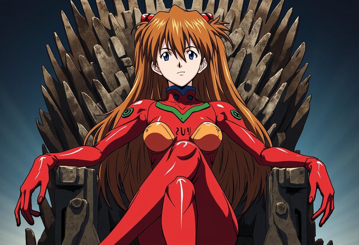 ppasuka in plug suit.  She sits on the iron throne from game of thrones, one leg over another.anime, <lora:asuka_1_2_flux-000005:1>