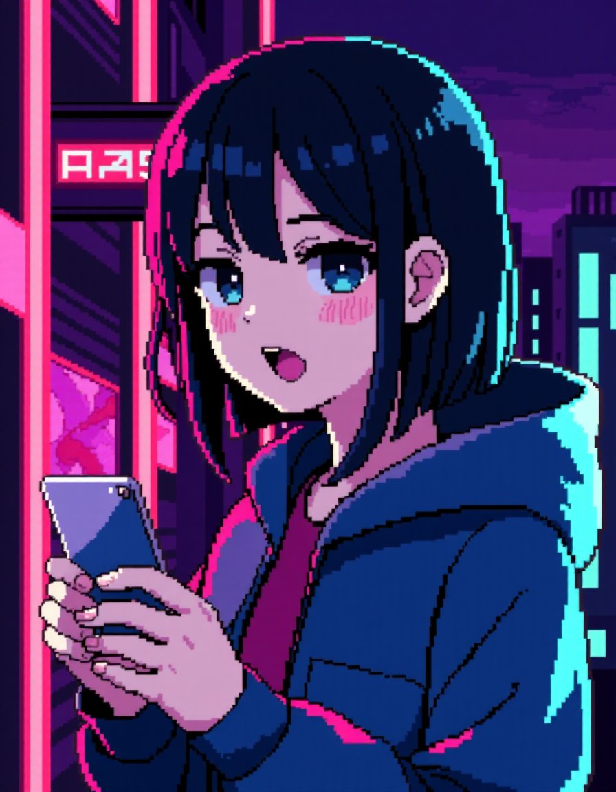 <lora:NeoPixelArt_V2:1>pixelart, 1girl, solo, short hair, upper body, long sleeves, jacket, open mouth, hood, bangs, neon lights, holding, black hair