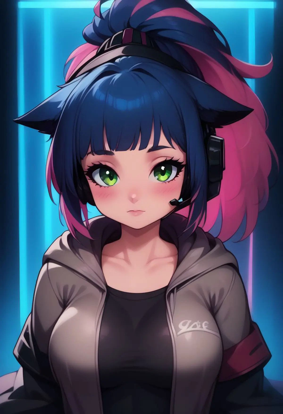 score_9, score_8_up, score_8, medium breasts, (curvy),((1girl)), cute, eyelashes,       neon lights,  looking at viewer, patJessica, cat ears, ponytail, green eyes, multicolored hair, cat girl, blue hair, black hair, cat tail, long hair,   upper body, looking at viewer, open jacket, black shirt, long sleeves, black gloves, headset, grey jacket, blush, hood, collarbone, closed mouth, pink hair,zPDXL, 