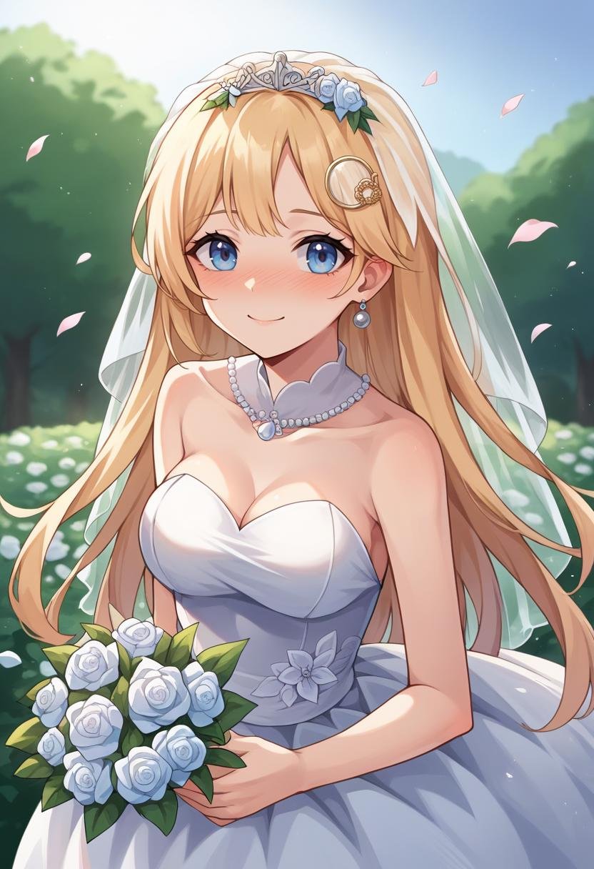 score_9, score_6_up, source_anime, 1girl, solo, amelia, long hair, monocle hair ornament, wedding dress, flowers, medium breasts, light smile, nose blush <lora:watson_amelia_sdxl_pony-000009:0.8>