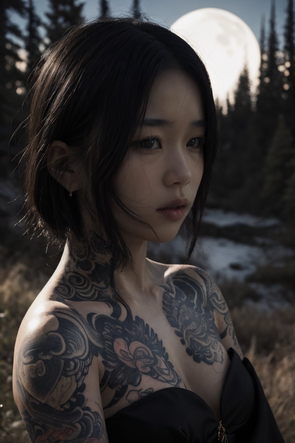 tatoobody,moondy LIGHT,REALISTIC,CINEMATIC FILM,BLURRED,DETAILED,(INCRICATE DETAILS TEXTURE:0.7),DETAILED FACE,NAMAORL QUALITY,in the wilderness,<lora:tatoobody:0.7>,woman,black dress,