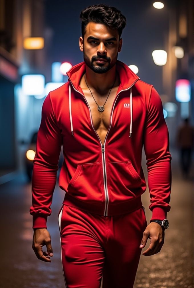 tovino thomas ,  realistic photo in a worn ((skin-revealing skimpy erotic red tracksuit,  massive pecs)) by HottiesnHottie...