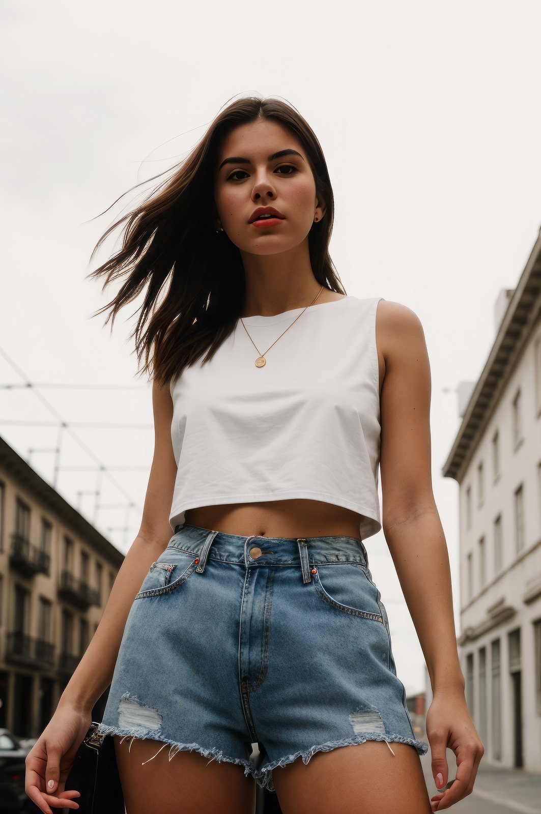 street fashion photography photo of a beautiful young woman, apathetic facial expression, white crop top with high-waisted denim shorts, head shot, under chiaroscuro, from below, shot on a RED Digital Cinema Camera