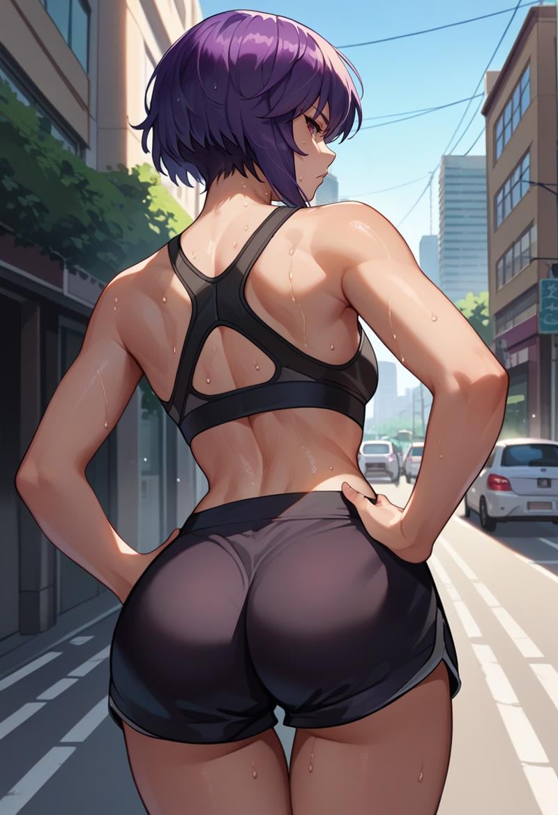 score_9, score_8_up, score_7_up, source_anime, from behind, solo, 1girl, motokosac, sweat, expressionless, looking back, hands on own hips, purple hair, black sports bra, black shorts, short shorts, ass, outdoors, city street <lora:ghostintheshell_kusanagi_ponyXL-SAC:1>