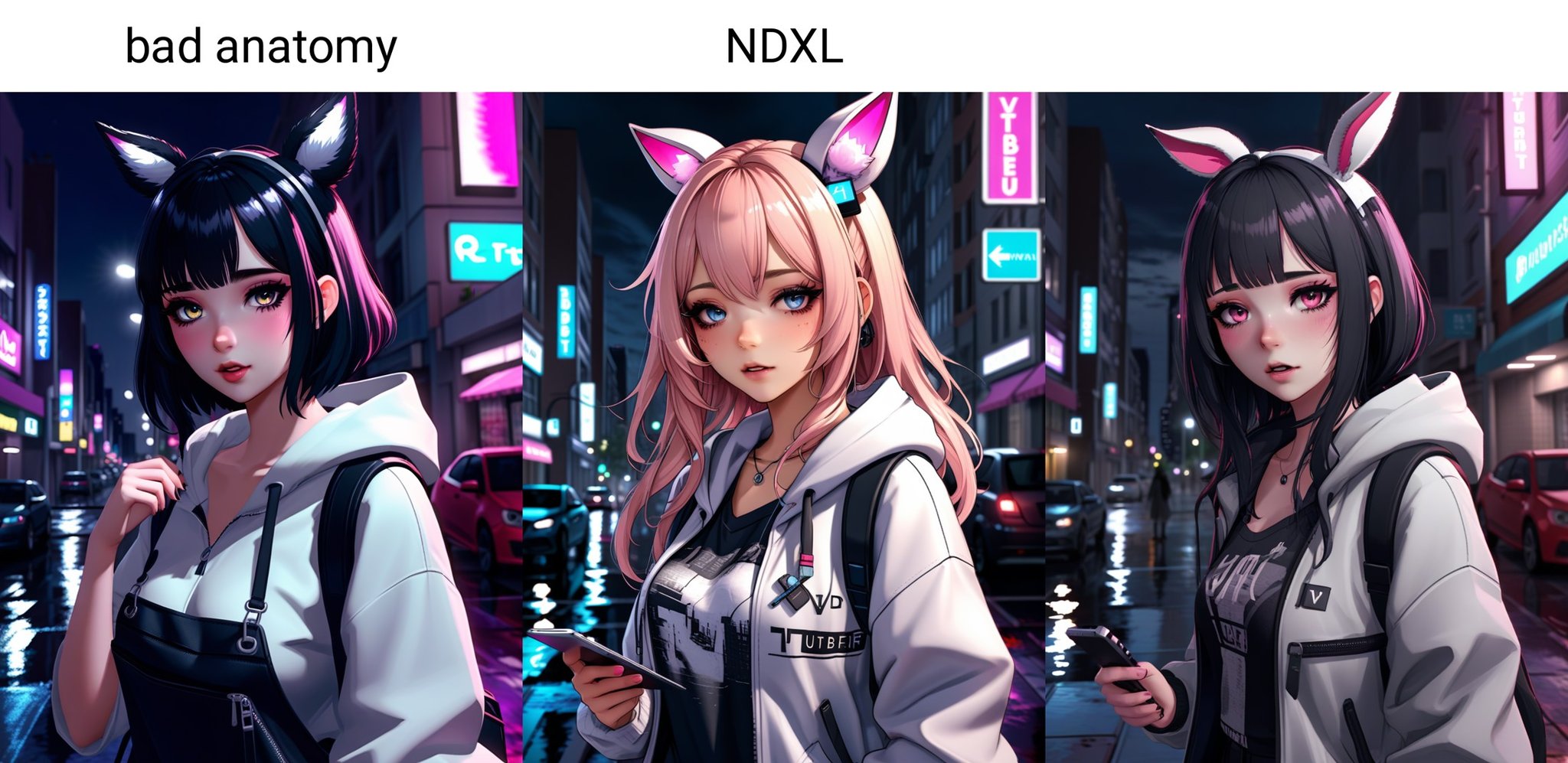 a failed vtuber working the streets, night district, hyperrealistic