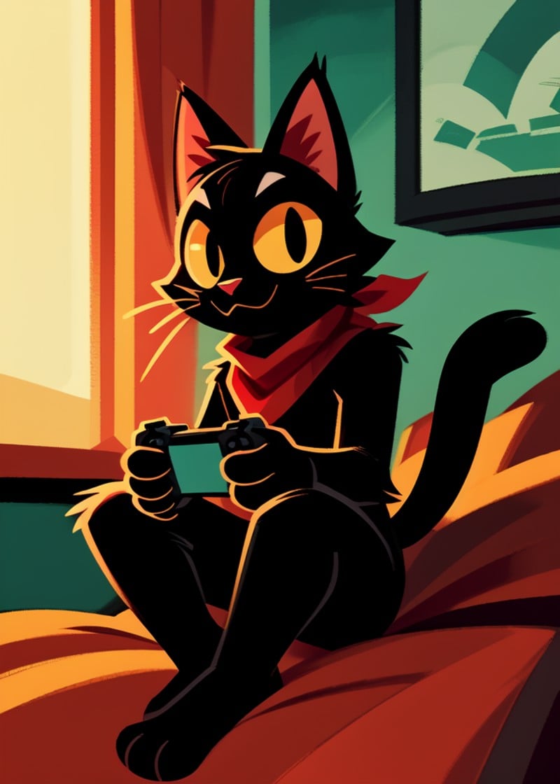 (by Syd Mead, by Cleon Peterson, by Retros, by Velveteksotica),(solo toony black cat gamercat \(character\), red scarf, sitting:1.3),(playing videogame, room:1.25),masterpiece, best quality, 4k, 2k, (intricate:0.9), (high detail, shaded:1.25), absurd res