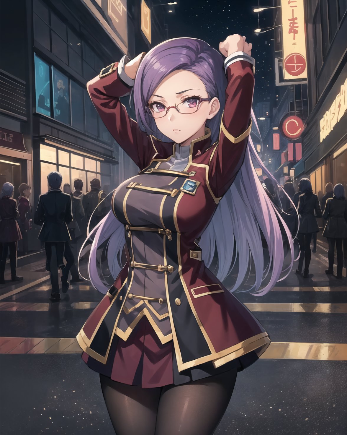 best quality, (masterpiece:1.2), illustration, absurdres, anime,(1girl, solo), (beautiful detailed girl),<lora:Ada-08:0.7>, Ada Grant, purple hair, long hair, medium breasts,glasses, red school uniform, black pantyhose, black boots,city street, modern city, neon lights, night, (cyberpunk:0.8),,(arms up), (looking at viewer)