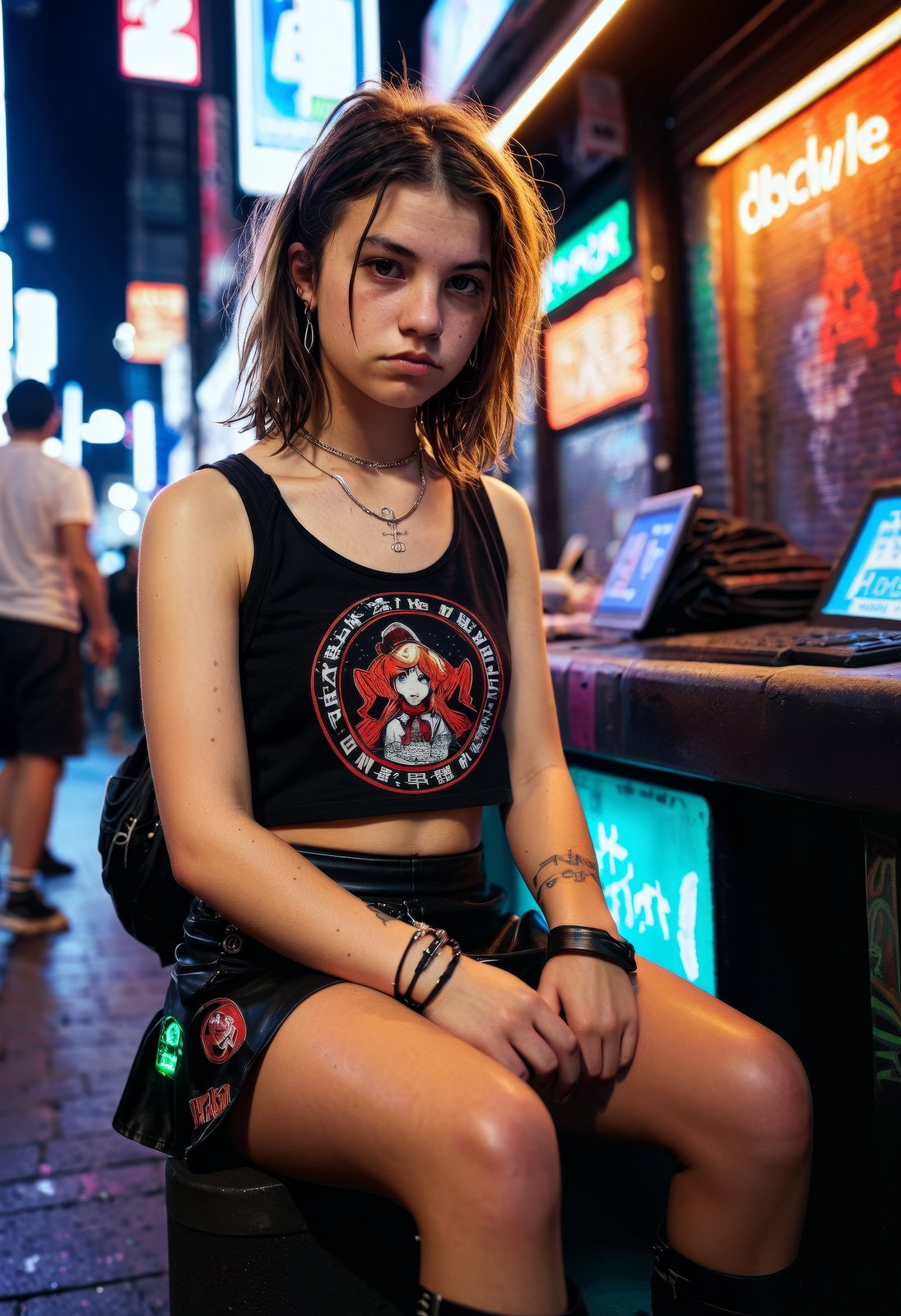 gritty raw street photography, plain clean earthy young female hacker, short skirt, matrixpunk clothing, sitting in a busy crowded street, with neon lighting from shop signs