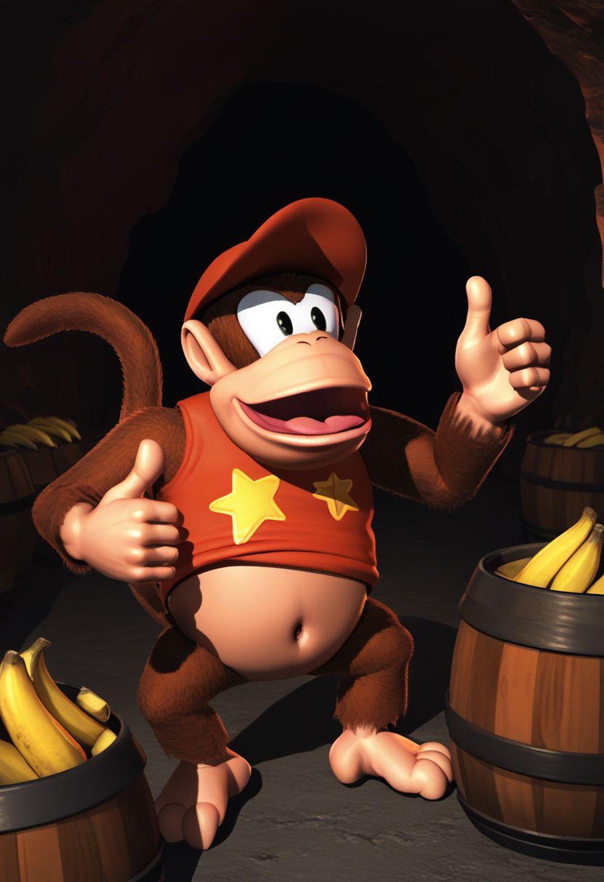 (source_furry, source_cartoon, score_9, score_8_up, score_7_up:1), solo male, diddykong, kong, thumbs up, smile, open mouth, caves, barrels, bananas, 3d