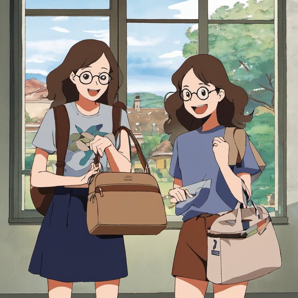 chahua, multiple girls, 2girls, brown hair, 1boy, glasses, holding bag, shirt, window, smile, <lora:扁平风格_插画XL:0.6>, masterpiece, best quality,