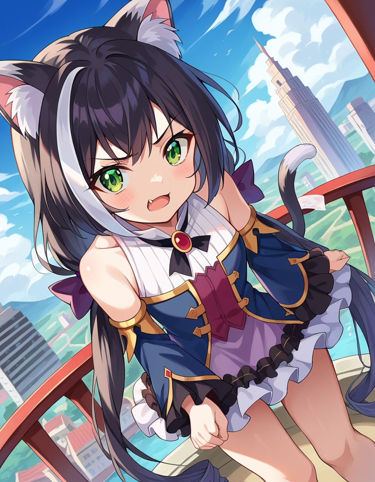 score_9, score_8_up, score_7_up, source_anime,princessconnectkaryl, <lora:princess-connect-karyl-ponyxl-lora-nochekaiser:1>karyl, animal ear fluff, animal ears, black hair, black ribbon, cat ears, cat girl, cat tail, fang, green eyes, hair bow, long hair, low twintails, multicolored hair, purple bow, ribbon, skin fang, streaked hair, tail, twintails, vertical stripes, white hair,arm support, blue sleeves, bow, brooch, detached sleeves, dress, frilled sleeves, frills, multicolored clothes, multicolored dress, neck ribbon, sleeveless, sleeveless dress, striped,outdoors, cityscape, bent over,looking at viewer, dutch angle, cowboy shot