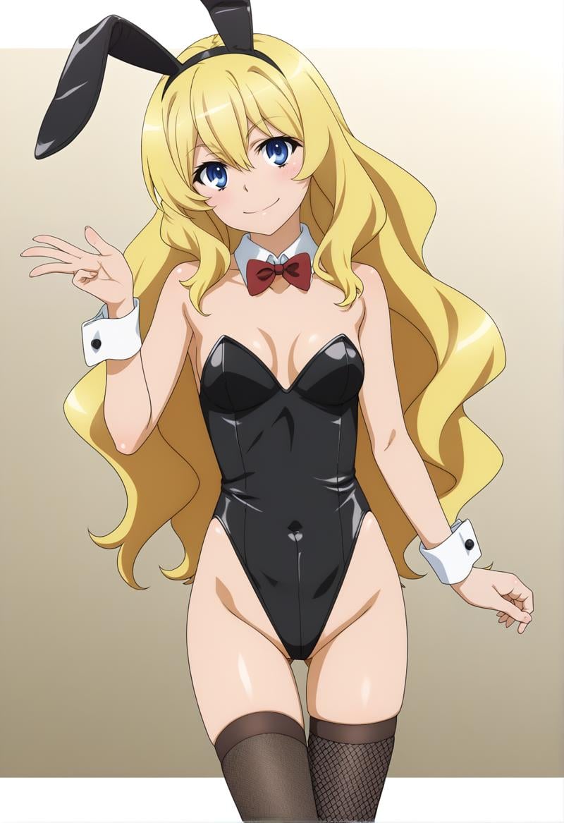 score_7_up, BREAK source_anime, toaru_as, 1girl, animal ears, solo, thighhighs, blonde hair, rabbit ears, long hair, playboy bunny, breasts, small breasts, leotard, black leotard, fake animal ears, blue eyes, detached collar, highleg, looking at viewer, smile, asymmetrical legwear, bowtie, bow, bridal gauntlets, strapless leotard, highleg leotard, fishnets, mismatched legwear, black thighhighs, wavy hair, :3, strapless, bare shoulders, fishnet thighhighs, red bowtie, thigh gap, <lora:Toaru_ASV4XL-EP10:1>