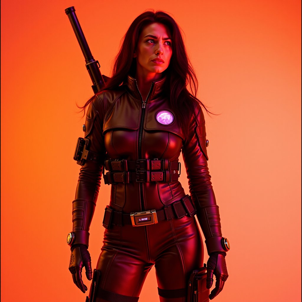 cbk, full body shot, claudia black wearing a futuristic  dark brown spacesuit, big brown leather boots and a gun holster, her hair is loose, she has an intercom device a holographic interface on her wrist, looking at something in her holographic device  in pink like planet, colors : orange, red, pink, white, photorealistic, real photography, 4k, hd,  <lora:claudia-black:1.2>, Photorealistic, Hyperrealistic, Hyperdetailed, analog style, soft lighting, subsurface scattering, realistic, heavy shadow, masterpiece, best quality, ultra realistic, 8k, golden ratio, Intricate, High Detail, film photography, soft focus, RAW candid cinema, 16mm, color graded portra 400 film, remarkable color, ultra realistic, textured skin, remarkable detailed pupils, realistic dull skin noise, visible skin detail, skin fuzz, dry skin, shot with cinematic camera